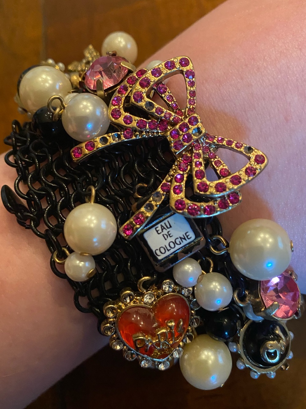 Betsey Johnson PARIS Statement Charm Bracelet with Pink Bow & Pearls